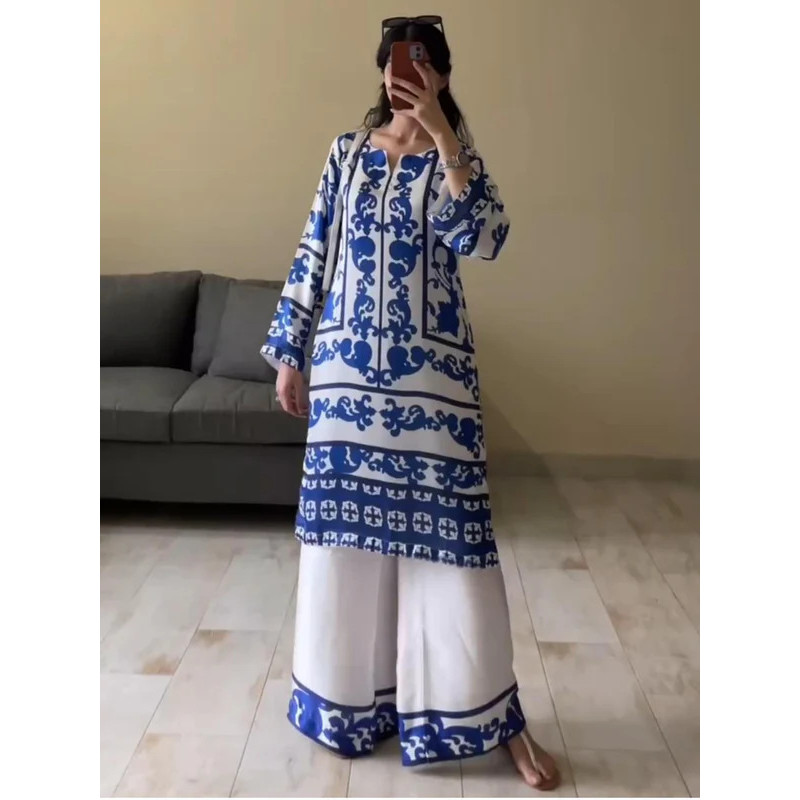 Retro Ethnic O Neck Print Long Sleeved Loose Women Suit Spring Elegant Long Top and Wide Leg Pants Set Women Clothing
