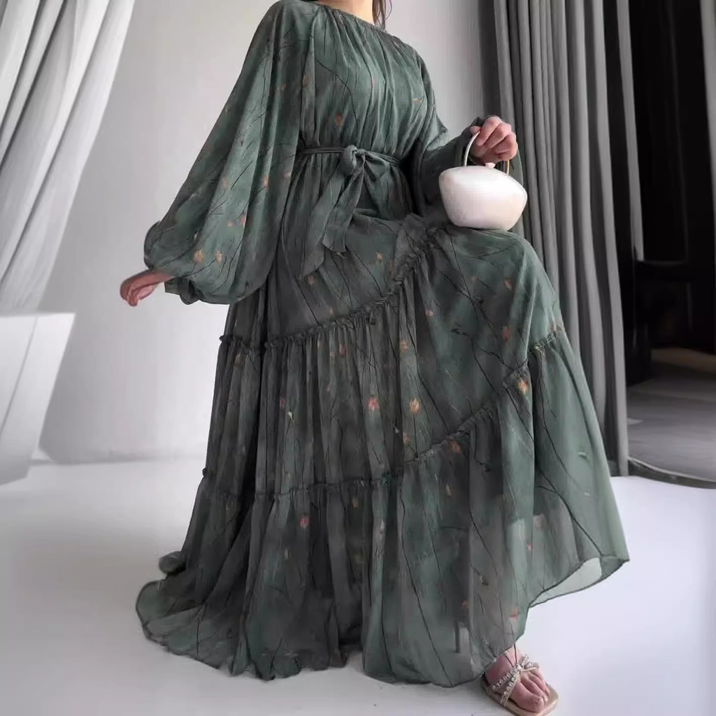 Women Dress Long Dresses A Line Casual Puff Full Sleeve Round Neck Maxi Lace Up Tight Waist Print Floral Elegant Splice