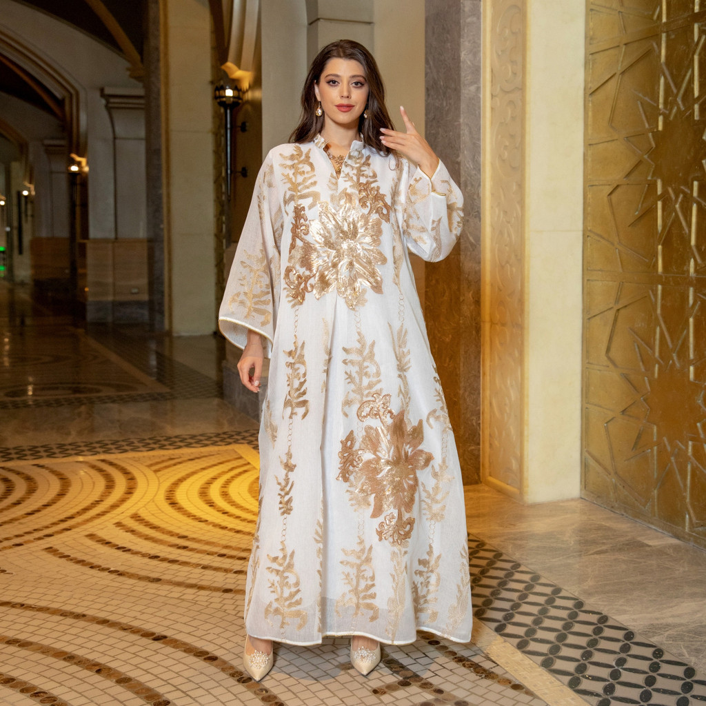Sequins Embroidered Abaya Dress For Women Kaftan Arabic White Islamic Ethnic Robe Raya New