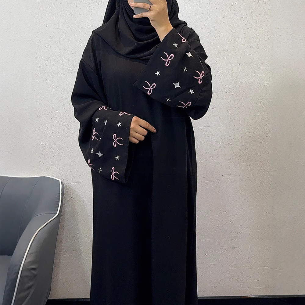 Ramadan Muslim Women Modest Dresses Kaftan Bow Embroidery Dubai Abayas Islam Raya Jubah Arab Long Robe
