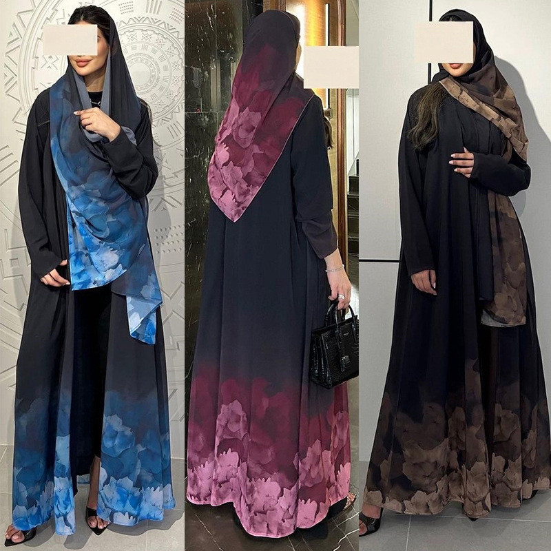 Muslim Women Abaya with Scarf 2 Piece Set Raya Abayas Cardigan Casual Long Robe Kaftan Party Ramadan Modest Jubah