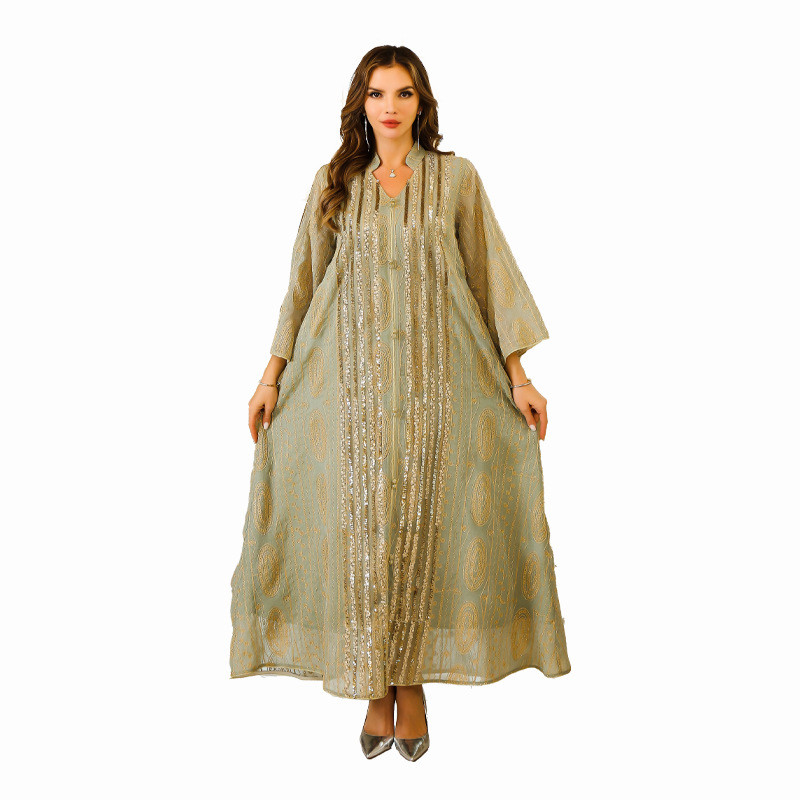 Fashion Sequin Gold Stamping Abaya V-Neck Long Sleeve Loose Dress Malay Islamic Arab Elegant Casual Clothin