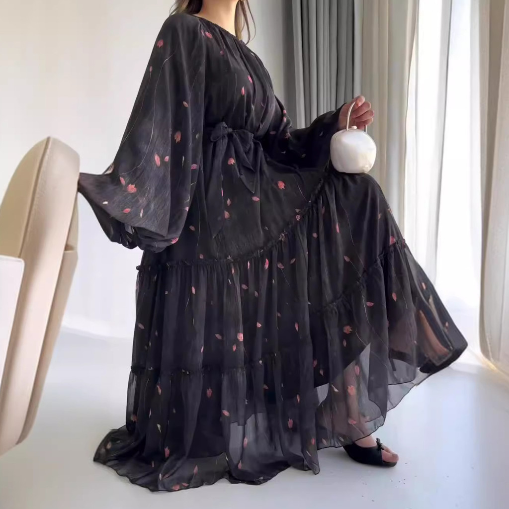 Women Dress Long Dresses A Line Casual Puff Full Sleeve Round Neck Maxi Lace Up Tight Waist Print Floral Elegant Splice