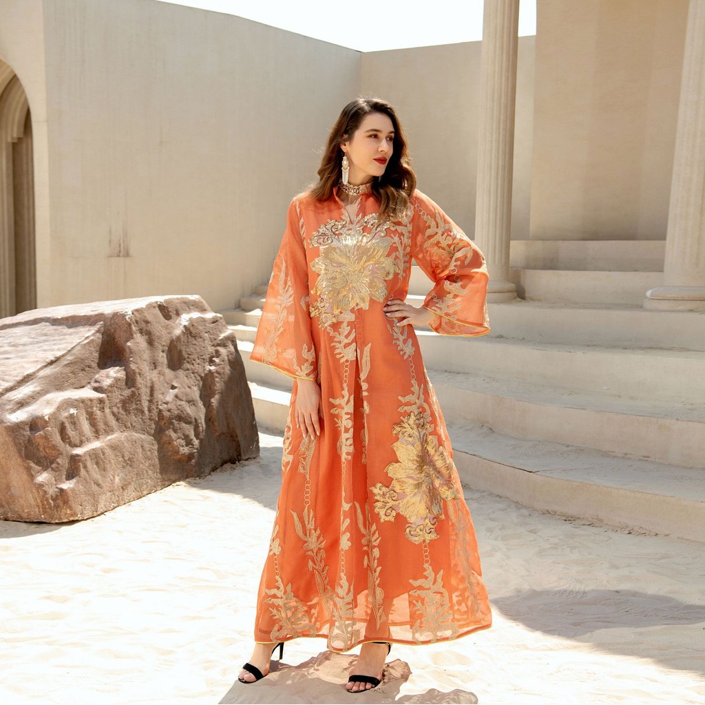 Sequins Embroidered Abaya Dress For Women Kaftan Arabic White Islamic Ethnic Robe Raya New