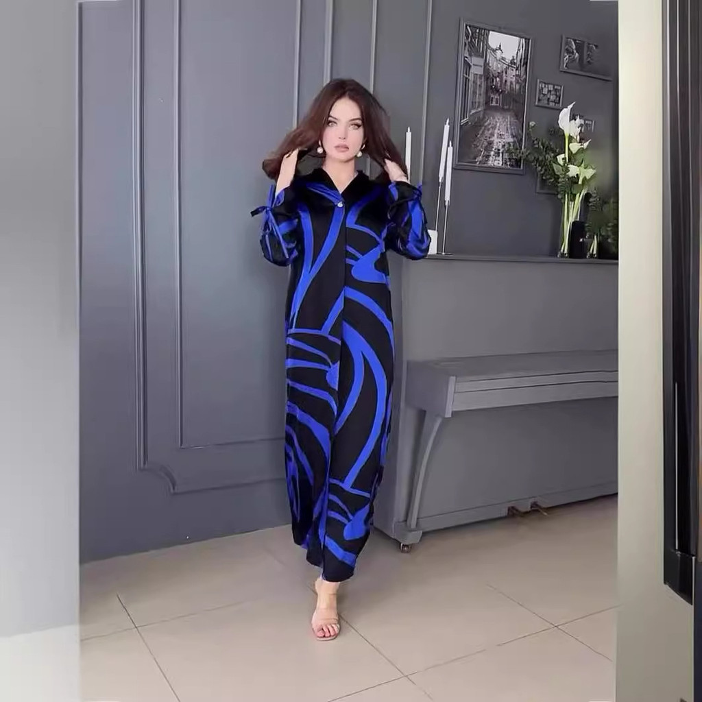 Printed Long Sleeve Muslim Dress Women Long V-neck Dress with Small Slit Party Dresses Evening Islam Dubai Abaya Arab