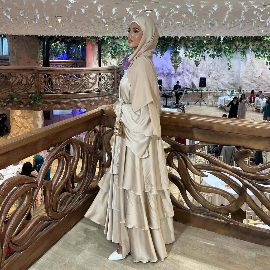 Raya Abayas for Women Muslim Satin 3 Layers Ramadan Robe Cake Dress Ramadan Caftan Long Dresses Cardigan Jubah