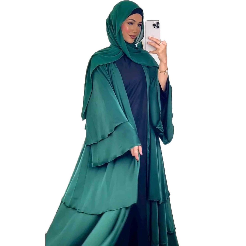 Raya Abayas for Women Muslim Satin 3 Layers Ramadan Robe Cake Dress Ramadan Caftan Long Dresses Cardigan Jubah