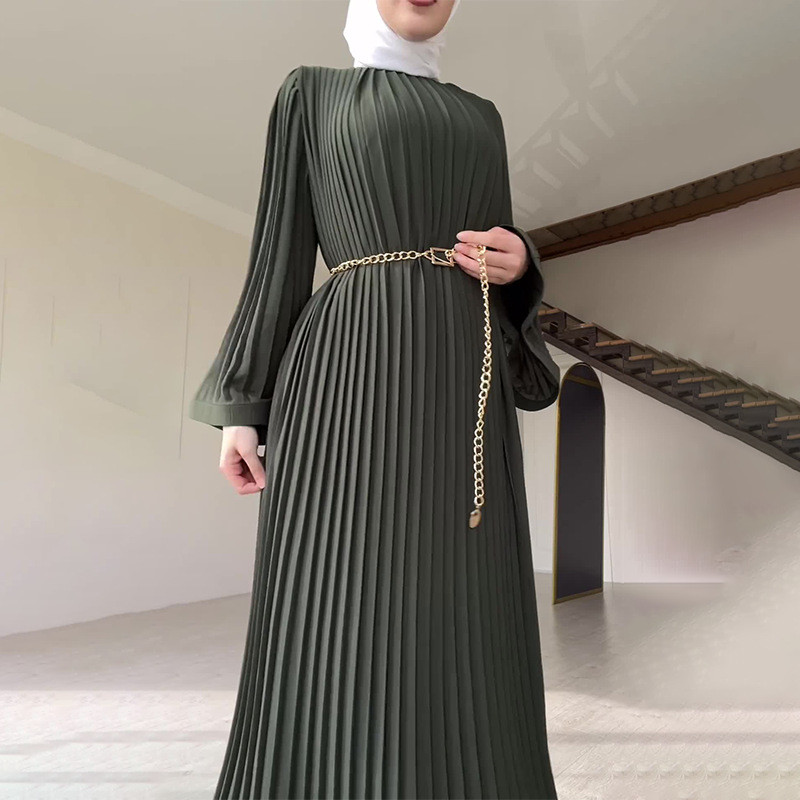 Women Long Sleeve Pleated Dresses Vintage Solid Muslim Abaya Dress Elegant Casual Loose Sundress Islamic Clothing