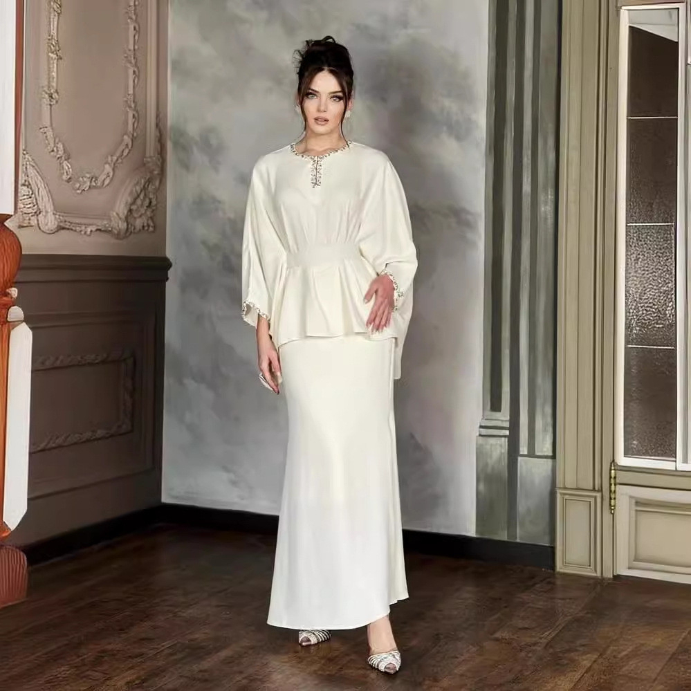 Skirt Set Women Two Piece Sets Round Neck Full Sleeve Dress Sets Tops Tight Waist Long Skirts Elegant Splice Summer