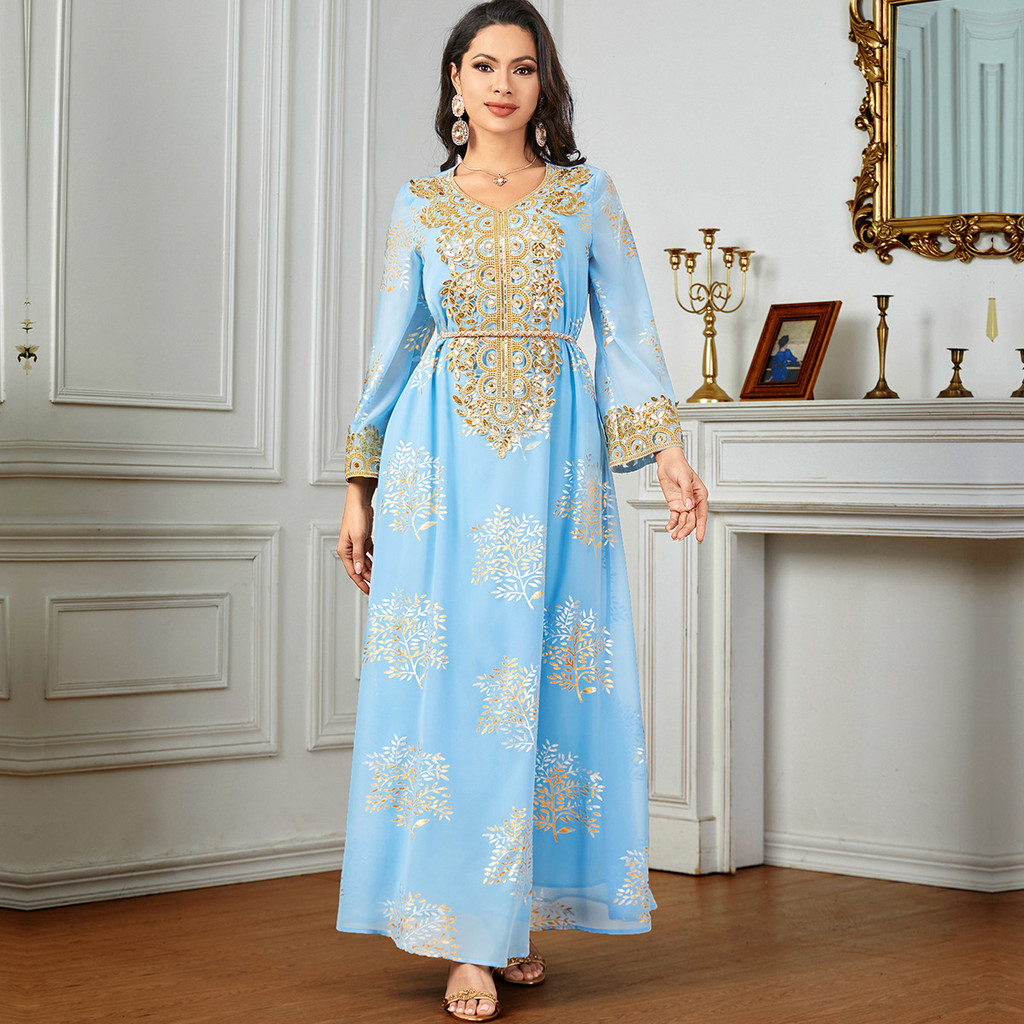 Summer Middle East Arab New Floral Gold Plated Women Dresses Party Dresses Malayu Kaftan with Customized Belt