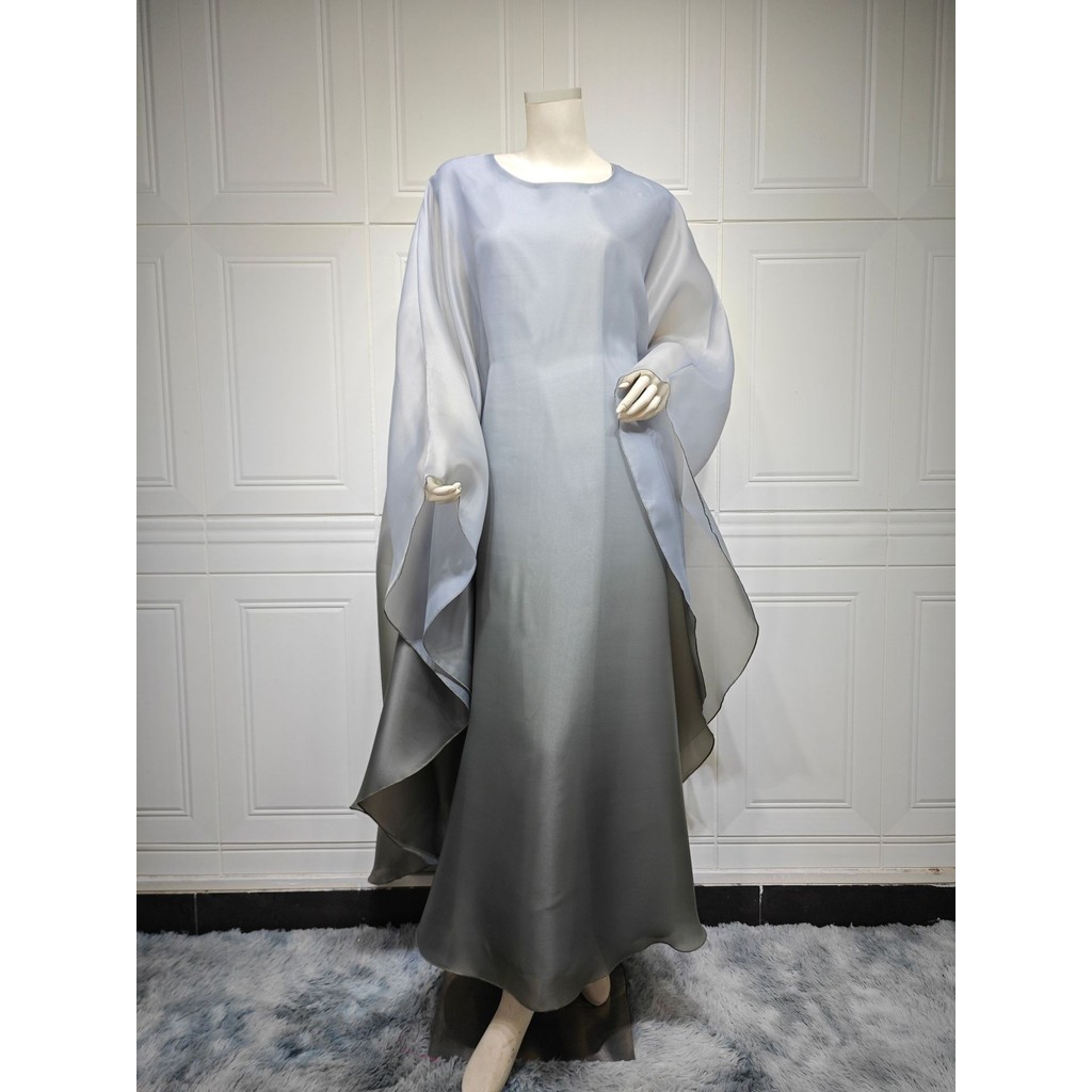 Raya Arab Satin Muslim Party Dress for Women Bat Sleeve Abaya Long Dresses Malayu Kaftan Ramadan Gown Robe