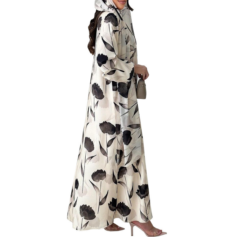 Ramadan Muslim Woman’s Floral Print Long Dresses Modest Elegant Cardigan with Hijab Casual Loose Abayas