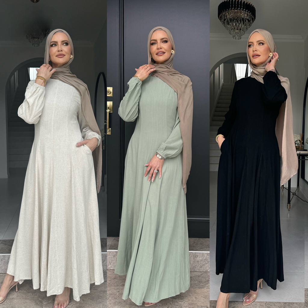 New Muslim Dress for Women Cotton and Linen Maxi Dresses Raya Ramadan Modest Abaya Robe Islam Clothing Jubah