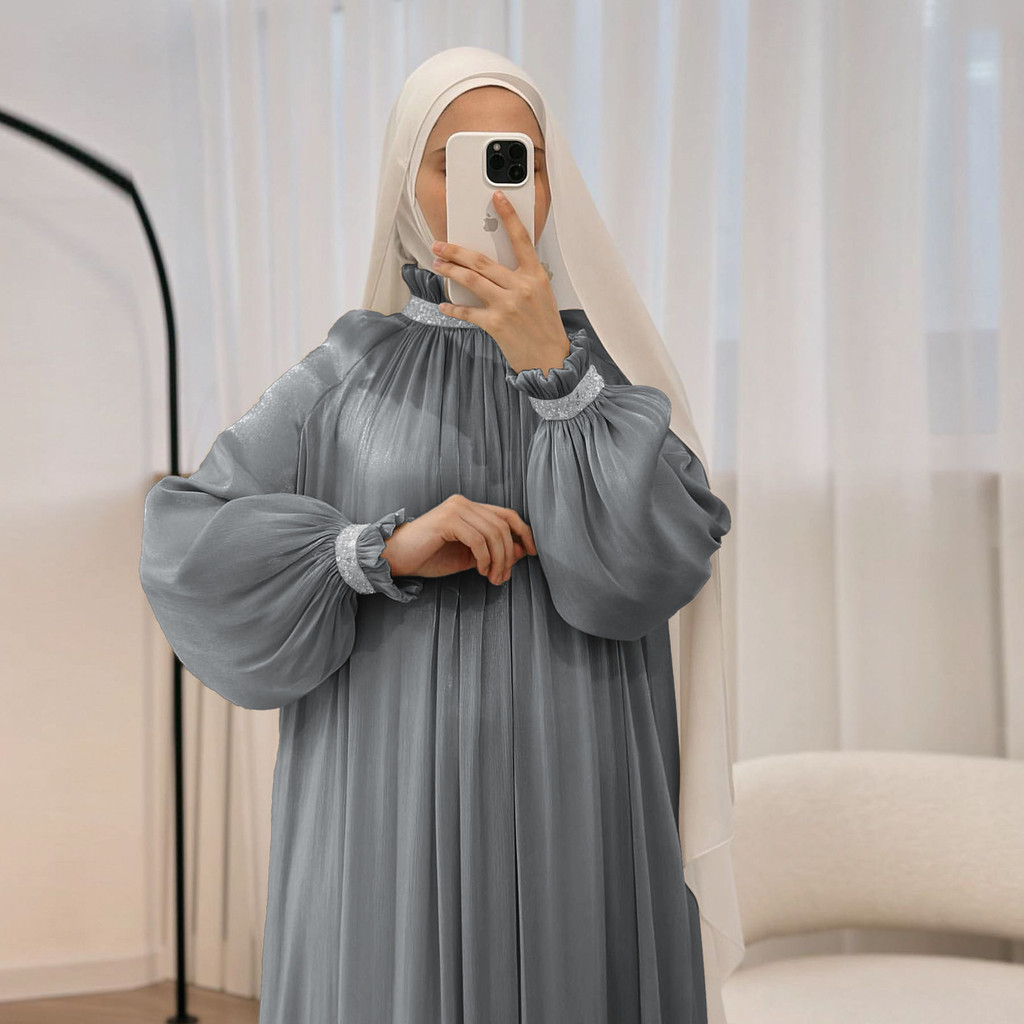 Dubai Muslim Modest Dress for Women Elegant Arab Stain Plain Abaya with Belt Islamic Solid Long Sleeve Robe