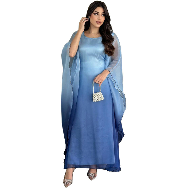 Raya Arab Satin Muslim Party Dress for Women Bat Sleeve Abaya Long Dresses Malayu Kaftan Ramadan Gown Robe