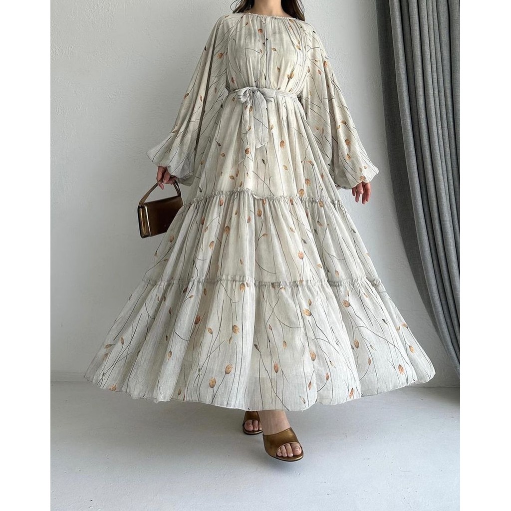 Women Dress Long Dresses A Line Casual Puff Full Sleeve Round Neck Maxi Lace Up Tight Waist Print Floral Elegant Splice