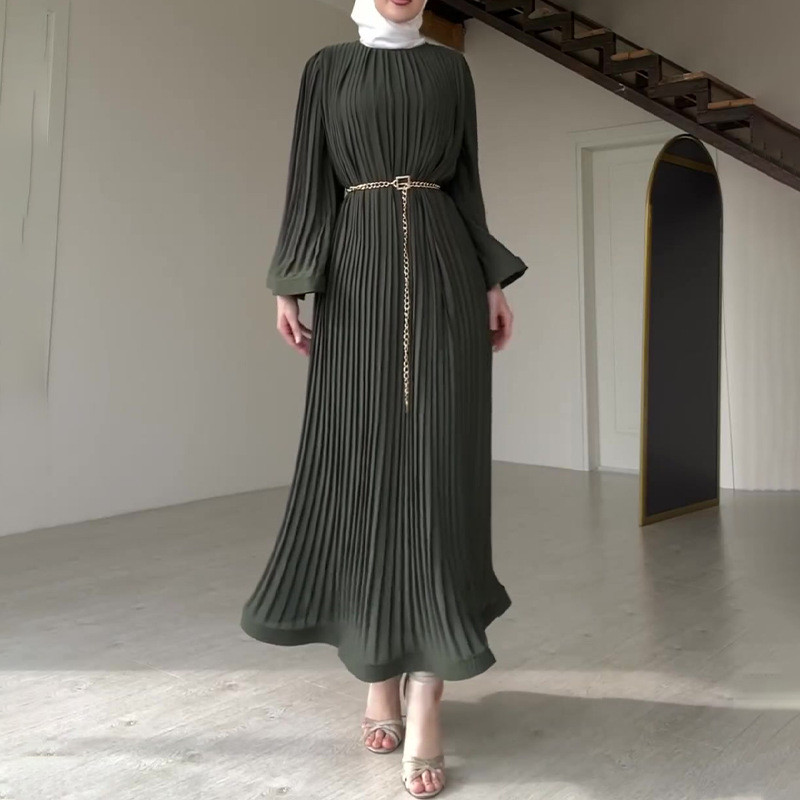 Women Long Sleeve Pleated Dresses Vintage Solid Muslim Abaya Dress Elegant Casual Loose Sundress Islamic Clothing