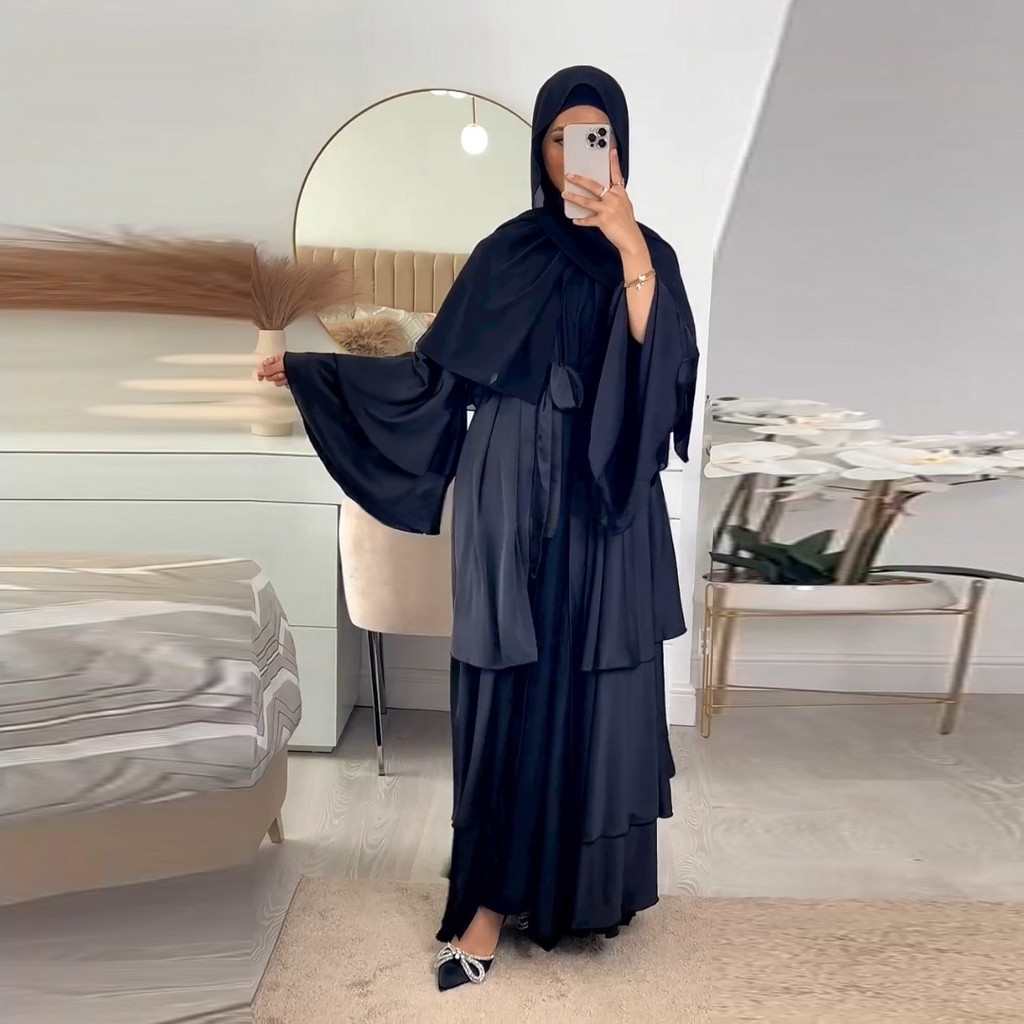 Raya Abayas for Women Muslim Satin 3 Layers Ramadan Robe Cake Dress Ramadan Caftan Long Dresses Cardigan Jubah
