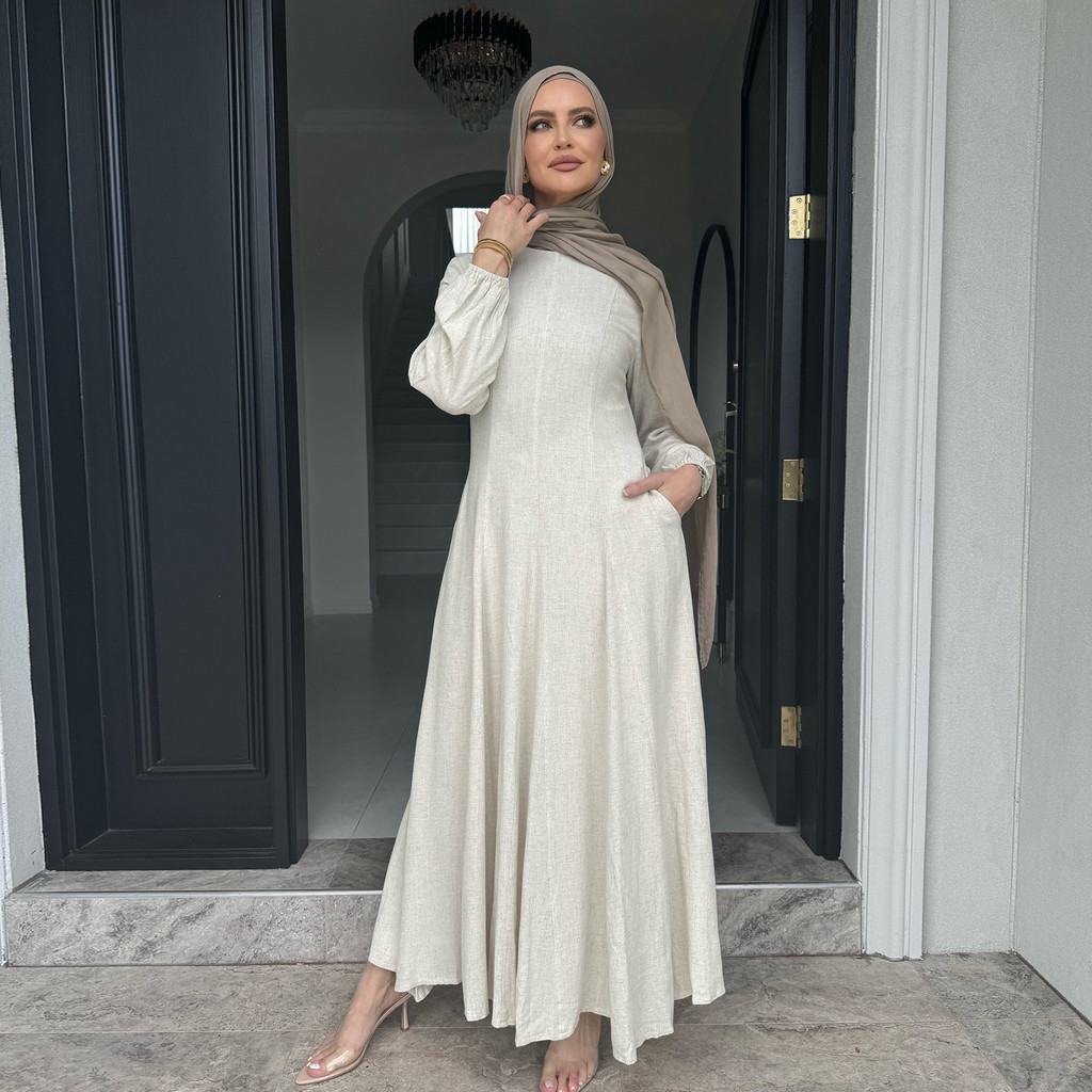 New Muslim Dress for Women Cotton and Linen Maxi Dresses Raya Ramadan Modest Abaya Robe Islam Clothing Jubah