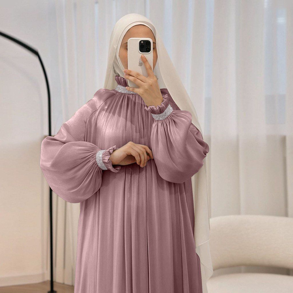 Dubai Muslim Modest Dress for Women Elegant Arab Stain Plain Abaya with Belt Islamic Solid Long Sleeve Robe