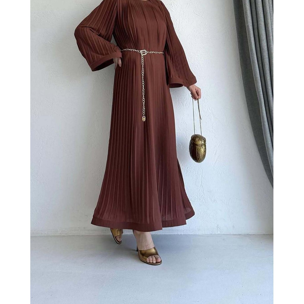 Women Long Sleeve Pleated Dresses Vintage Solid Muslim Abaya Dress Elegant Casual Loose Sundress Islamic Clothing