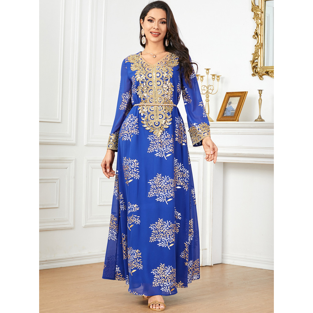 Summer Middle East Arab New Floral Gold Plated Women Dresses Party Dresses Malayu Kaftan with Customized Belt