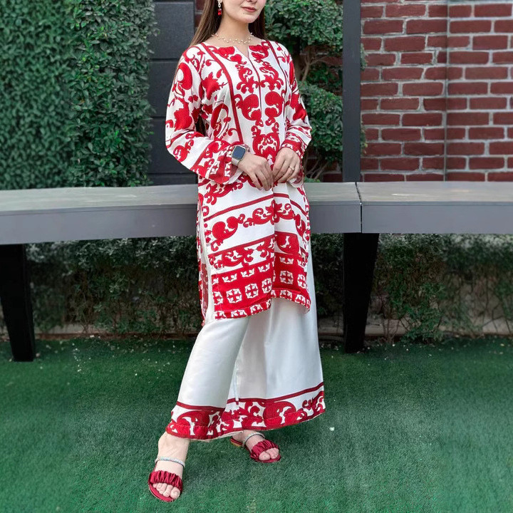 Retro Ethnic O Neck Print Long Sleeved Loose Women Suit Spring Elegant Long Top and Wide Leg Pants Set Women Clothing