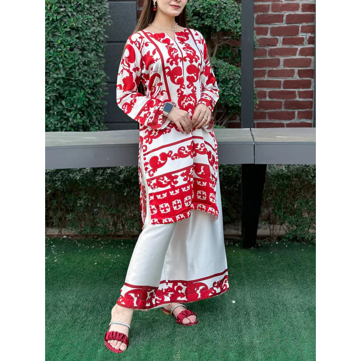 Retro Ethnic O Neck Print Long Sleeved Loose Women Suit Spring Elegant Long Top and Wide Leg Pants Set Women Clothing