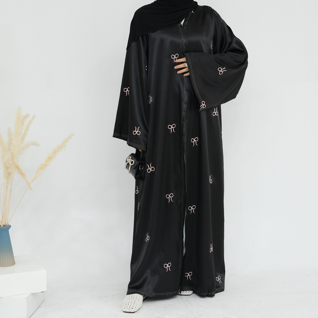 Raya Muslim Open Abaya for Women Cardigan Robe Long Dresses Bow Embroidery Ramadan Dubai Abayas Kaftan Jubah