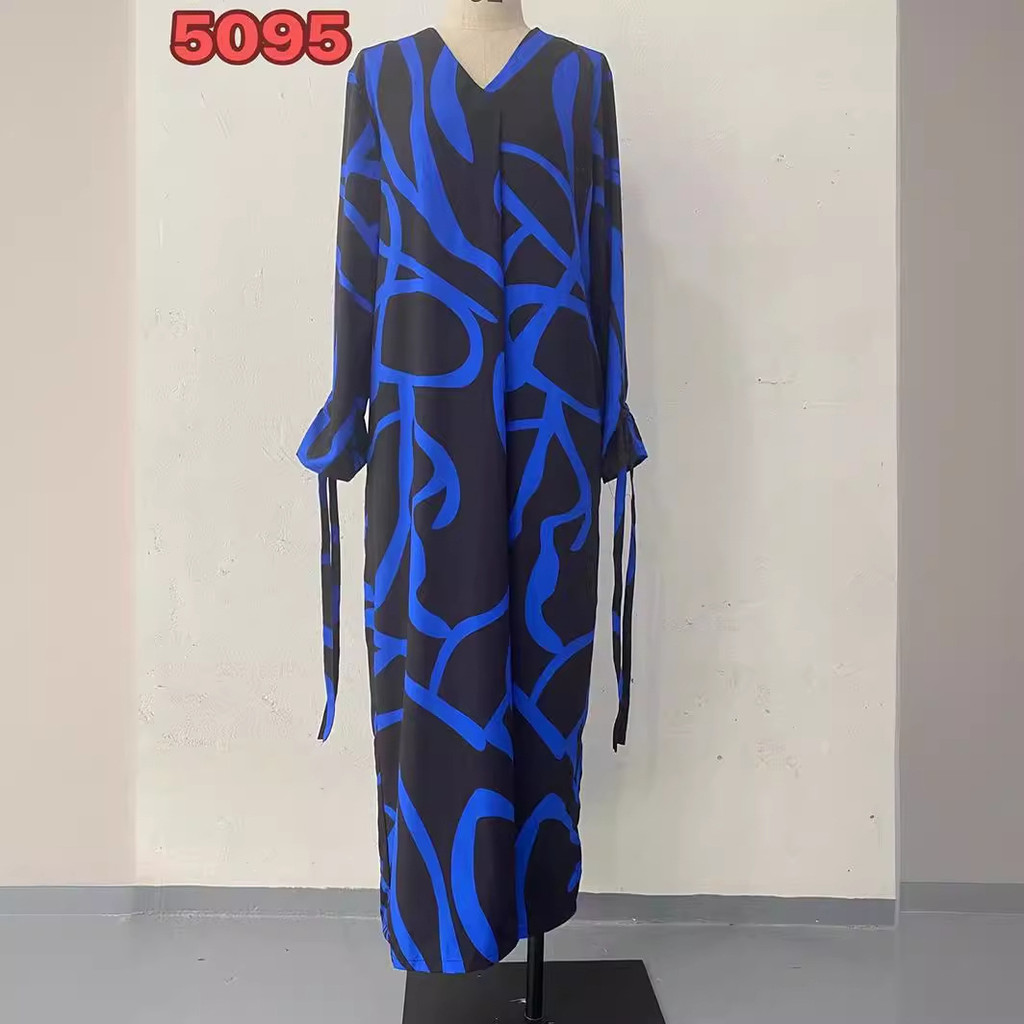 Printed Long Sleeve Muslim Dress Women Long V-neck Dress with Small Slit Party Dresses Evening Islam Dubai Abaya Arab