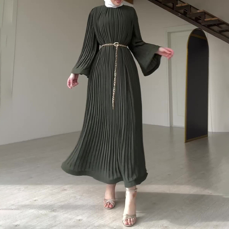 Women Long Sleeve Pleated Dresses Vintage Solid Muslim Abaya Dress Elegant Casual Loose Sundress Islamic Clothing
