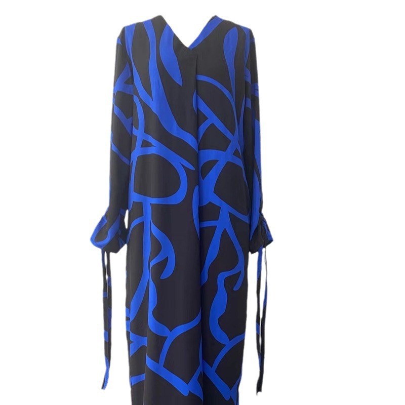 Printed Long Sleeve Muslim Dress Women Long V-neck Dress with Small Slit Party Dresses Evening Islam Dubai Abaya Arab