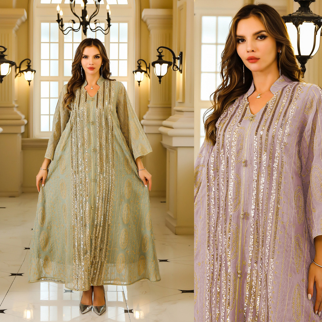 Fashion Sequin Gold Stamping Abaya V-Neck Long Sleeve Loose Dress Malay Islamic Arab Elegant Casual Clothin