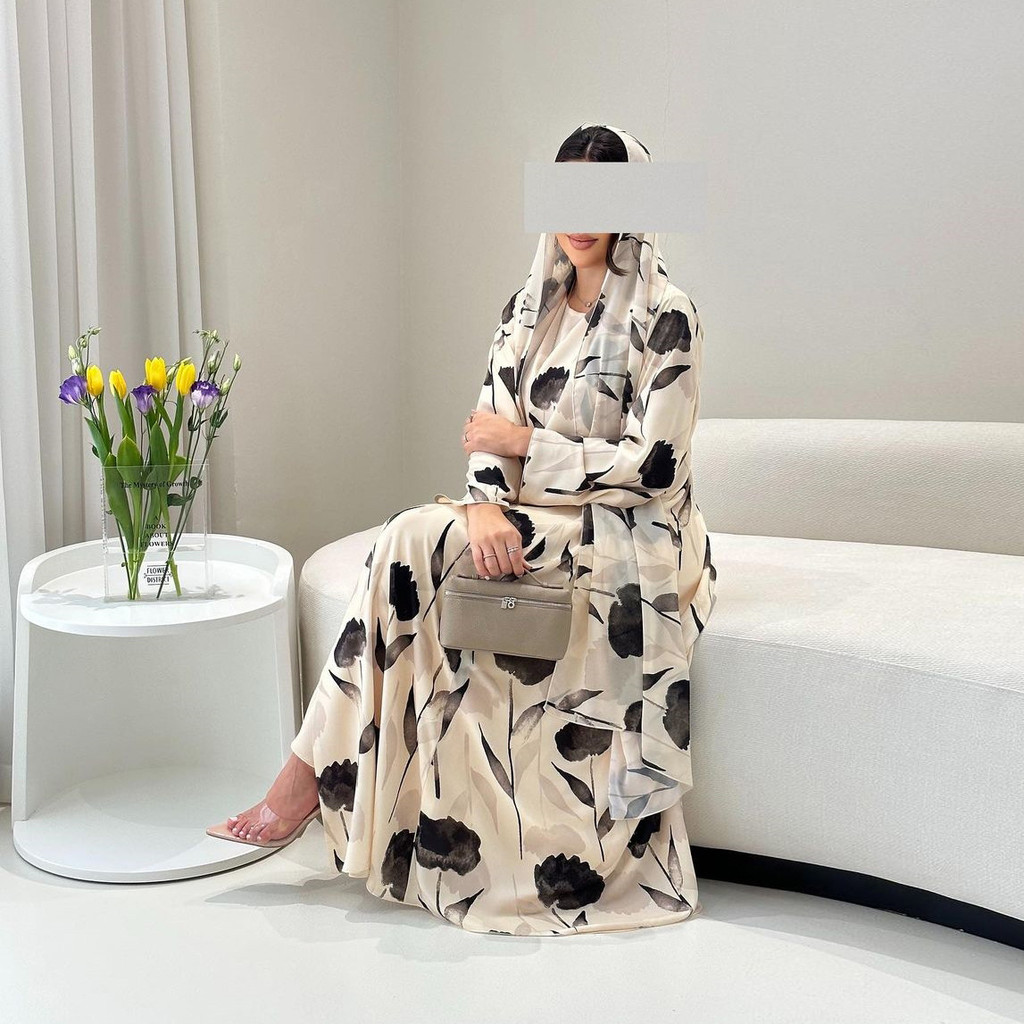 Ramadan Muslim Woman’s Floral Print Long Dresses Modest Elegant Cardigan with Hijab Casual Loose Abayas