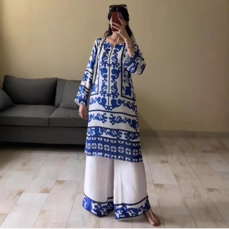 Retro Ethnic O Neck Print Long Sleeved Loose Women Suit Spring Elegant Long Top and Wide Leg Pants Set Women Clothing