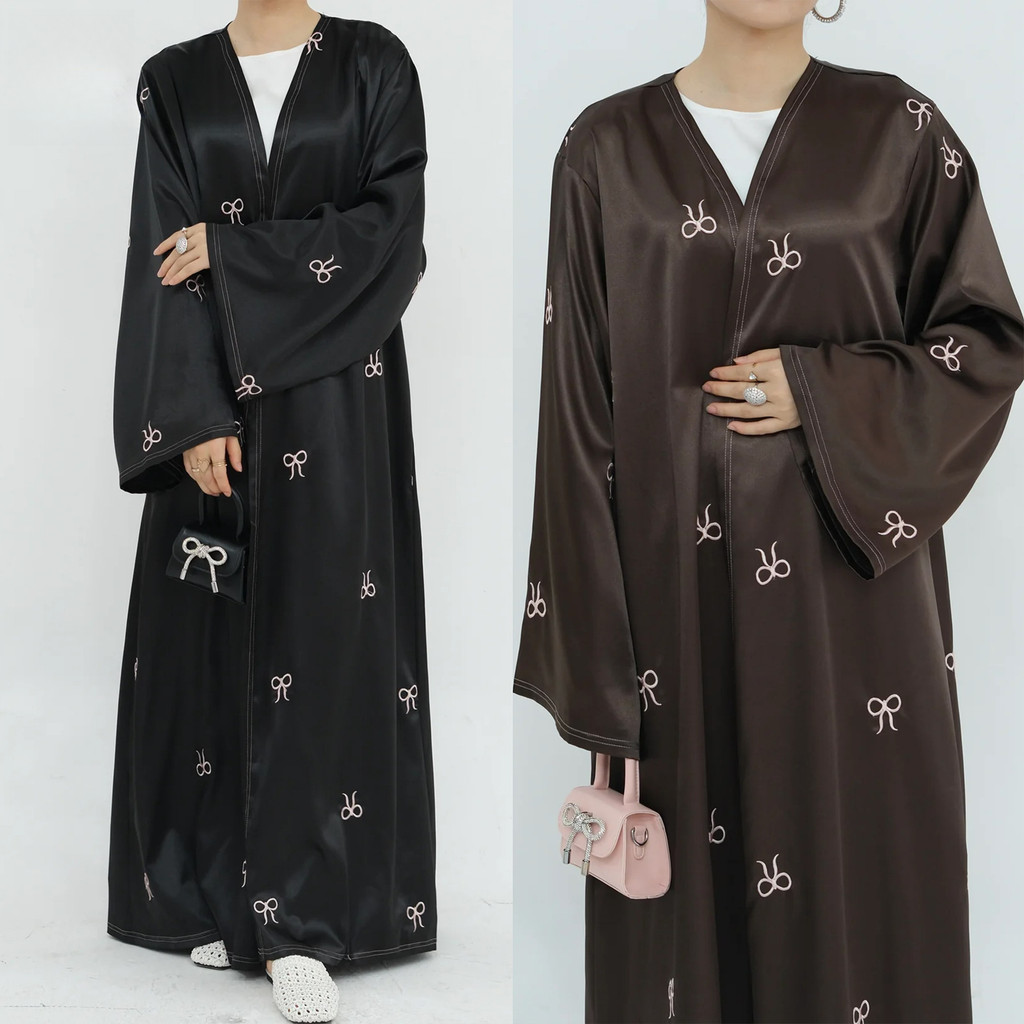 Raya Muslim Open Abaya for Women Cardigan Robe Long Dresses Bow Embroidery Ramadan Dubai Abayas Kaftan Jubah