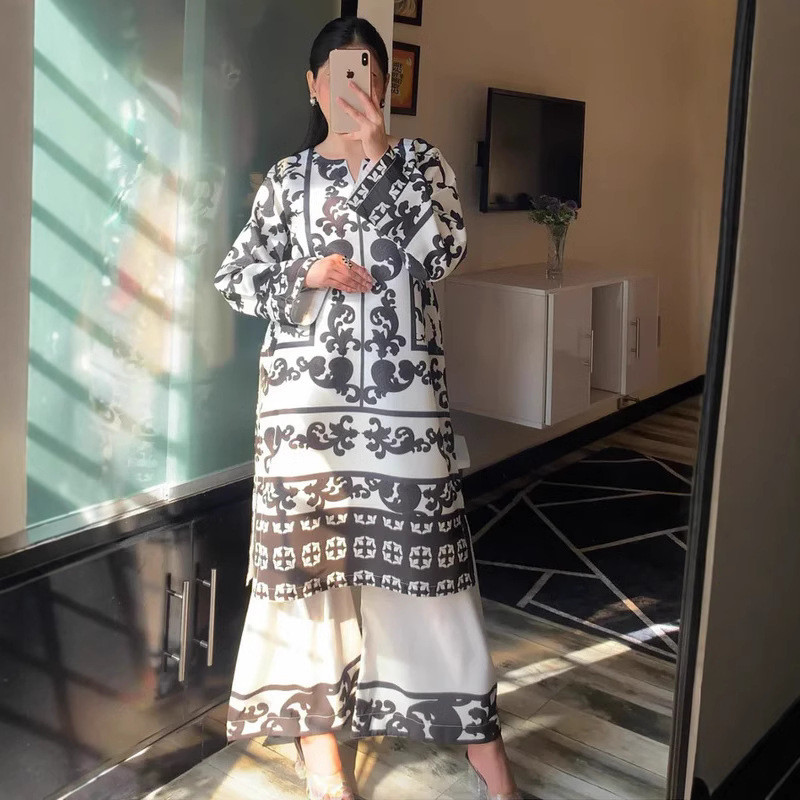 Retro Ethnic O Neck Print Long Sleeved Loose Women Suit Spring Elegant Long Top and Wide Leg Pants Set Women Clothing