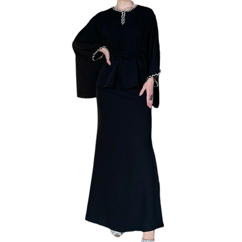 Skirt Set Women Two Piece Sets Round Neck Full Sleeve Dress Sets Tops Tight Waist Long Skirts Elegant Splice Summer
