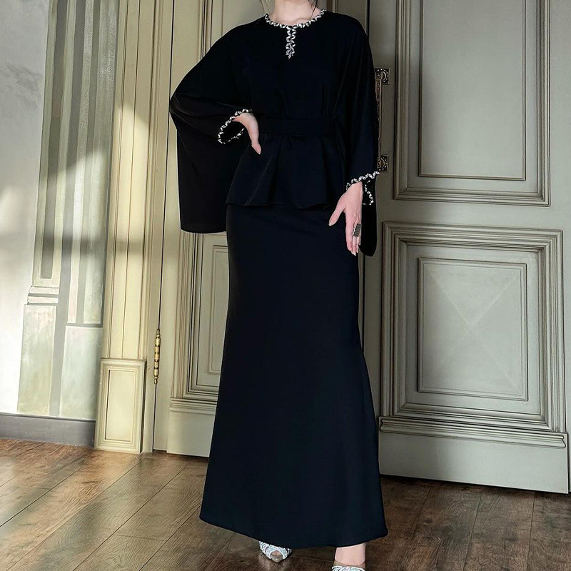 Skirt Set Women Two Piece Sets Round Neck Full Sleeve Dress Sets Tops Tight Waist Long Skirts Elegant Splice Summer