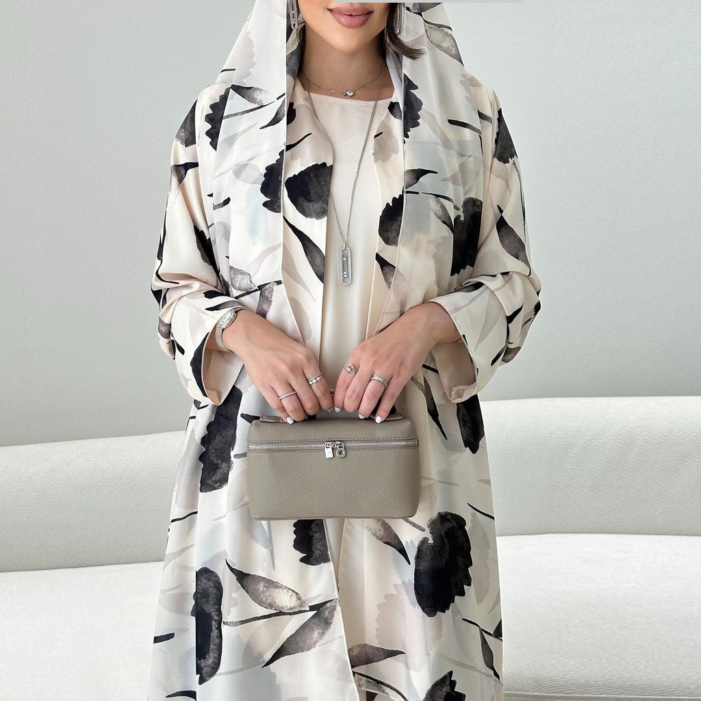 Ramadan Muslim Woman’s Floral Print Long Dresses Modest Elegant Cardigan with Hijab Casual Loose Abayas