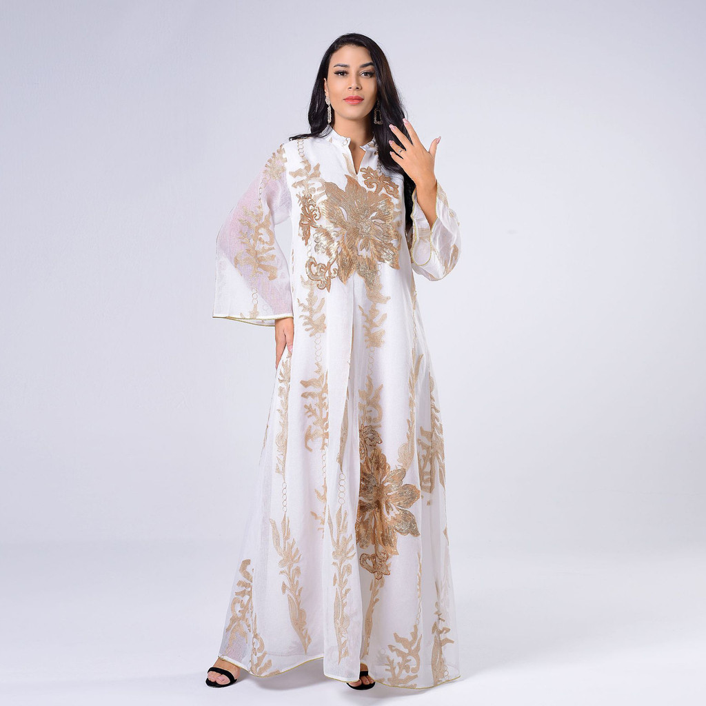 Sequins Embroidered Abaya Dress For Women Kaftan Arabic White Islamic Ethnic Robe Raya New