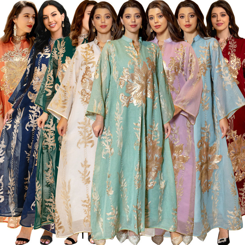 Sequins Embroidered Abaya Dress For Women Kaftan Arabic White Islamic Ethnic Robe Raya New
