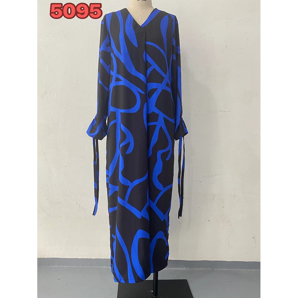 Printed Long Sleeve Muslim Dress Women Long V-neck Dress with Small Slit Party Dresses Evening Islam Dubai Abaya Arab