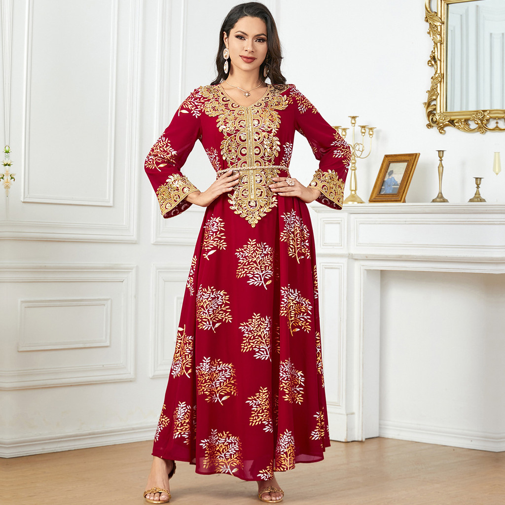 Summer Middle East Arab New Floral Gold Plated Women Dresses Party Dresses Malayu Kaftan with Customized Belt
