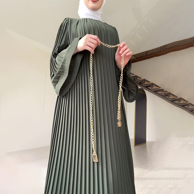 Women Long Sleeve Pleated Dresses Vintage Solid Muslim Abaya Dress Elegant Casual Loose Sundress Islamic Clothing