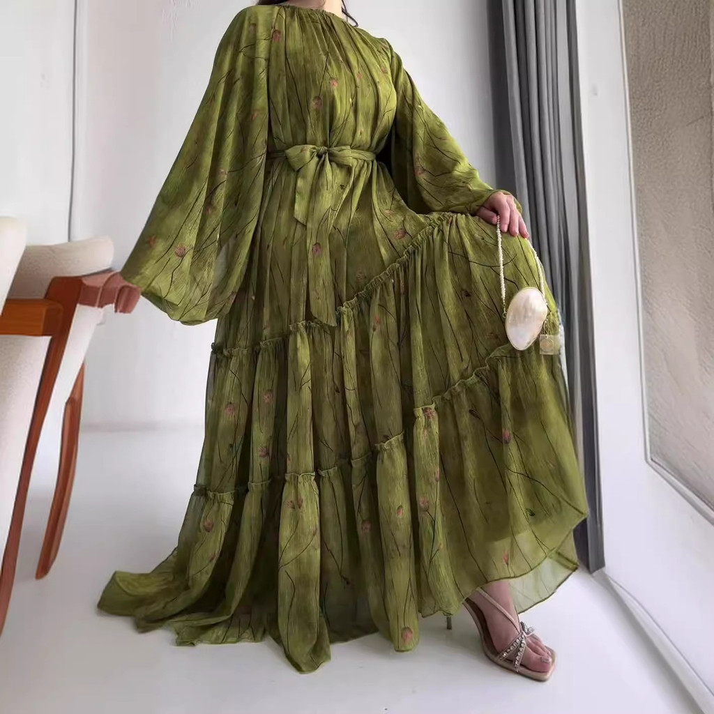 Women Dress Long Dresses A Line Casual Puff Full Sleeve Round Neck Maxi Lace Up Tight Waist Print Floral Elegant Splice