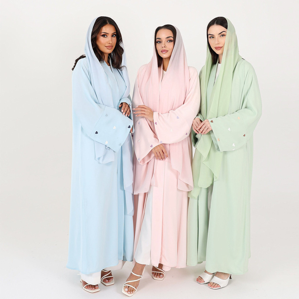 Love Heart Embroidery Muslim Abaya for Women Raya Cardigan Ramadan Abayas Kaftan Islam Dubai Arab Long Robe Jubah