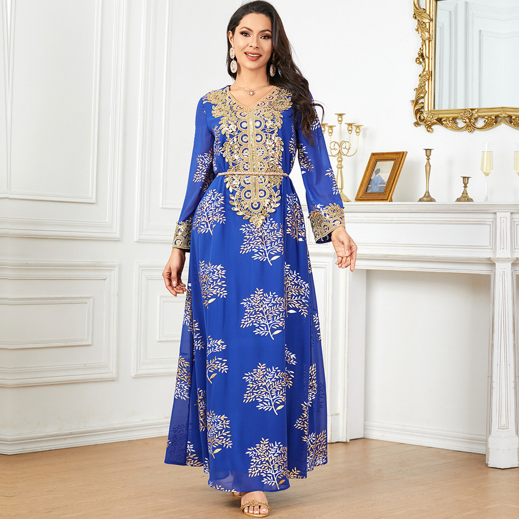 Summer Middle East Arab New Floral Gold Plated Women Dresses Party Dresses Malayu Kaftan with Customized Belt