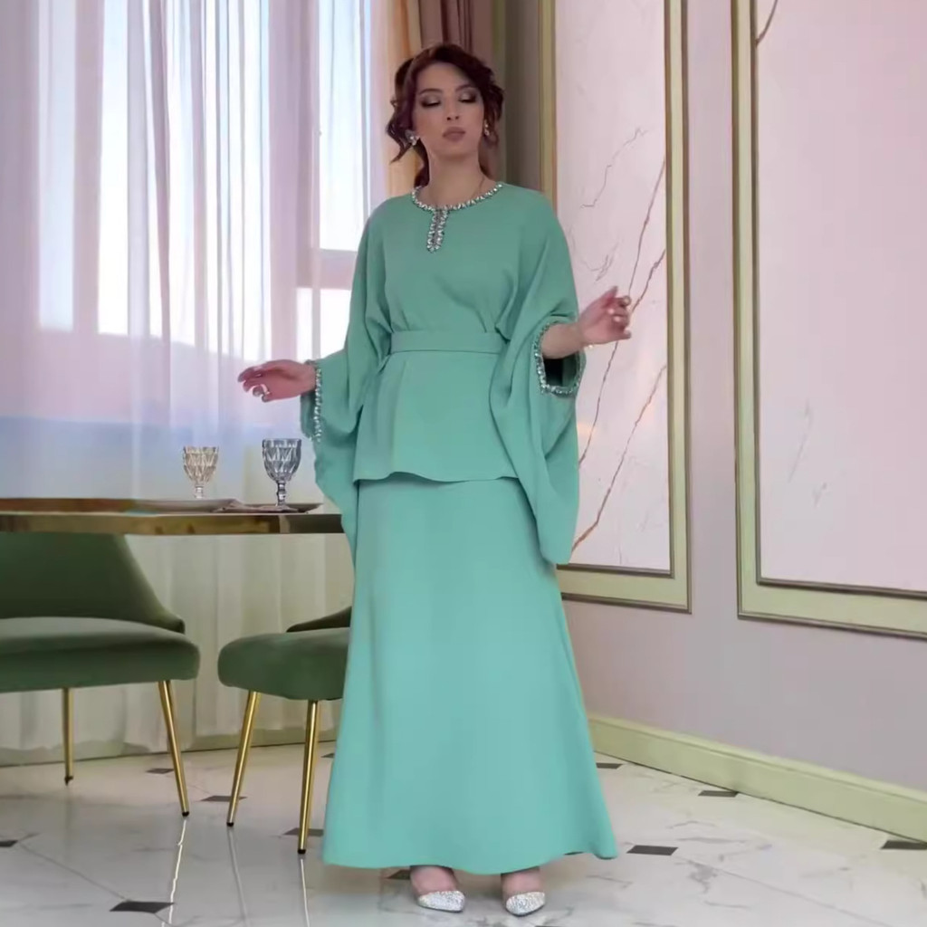 Skirt Set Women Two Piece Sets Round Neck Full Sleeve Dress Sets Tops Tight Waist Long Skirts Elegant Splice Summer
