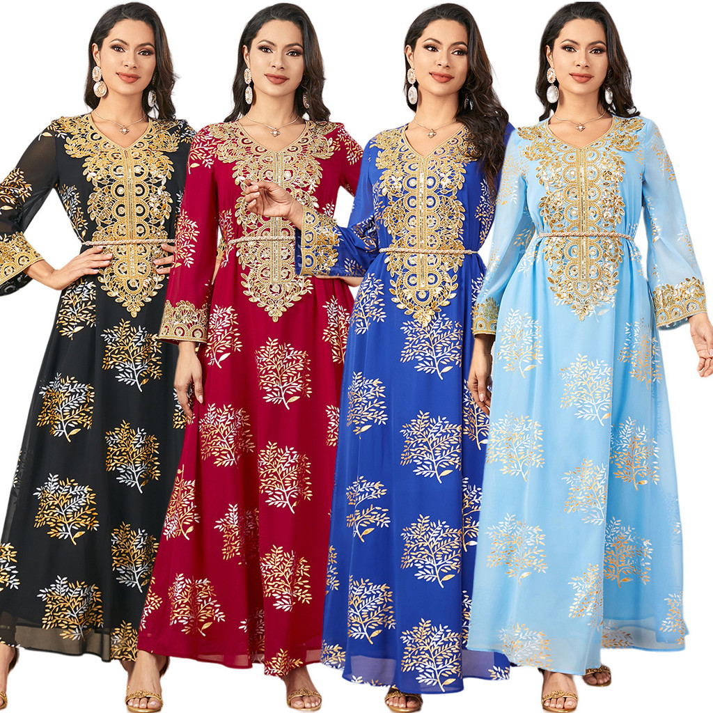 Summer Middle East Arab New Floral Gold Plated Women Dresses Party Dresses Malayu Kaftan with Customized Belt